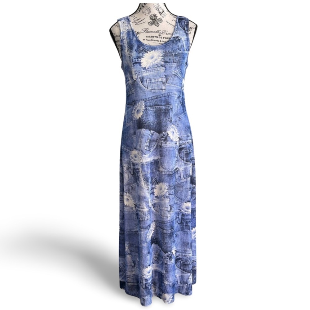 🔻🔻 SALE Y2K Denim Print Maxi Dress Slinky 90s 2000s Grunge Made USA Size Medium